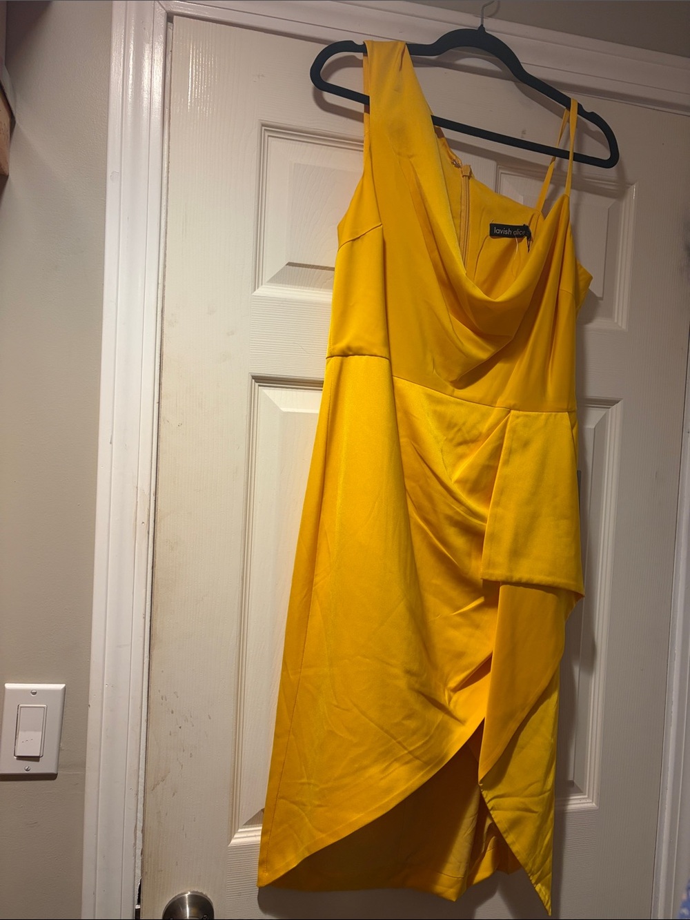 Lavish Alice Bright Yellow Asymmetrical Draped Midi Dress